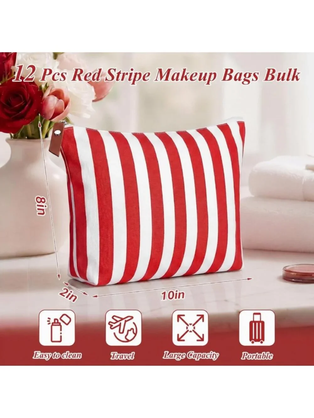 12 Pcs Red Striped Makeup Bags | Canvas Cosmetic Travel Toiletry Organizer Pouch